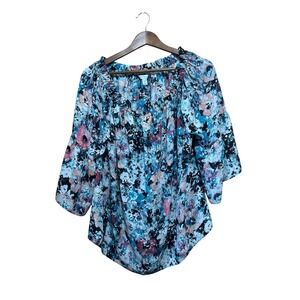 Boutique Floral Print Blouse Women's 0X Blue Pink Black Abstract 3/4‎ Sleeve